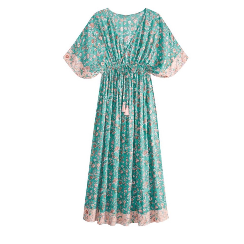 World Market Teal And Blush Floral Mira Kaftan Dress